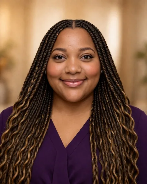 Alysha Warner in a purple blouse with long braids, smiling.