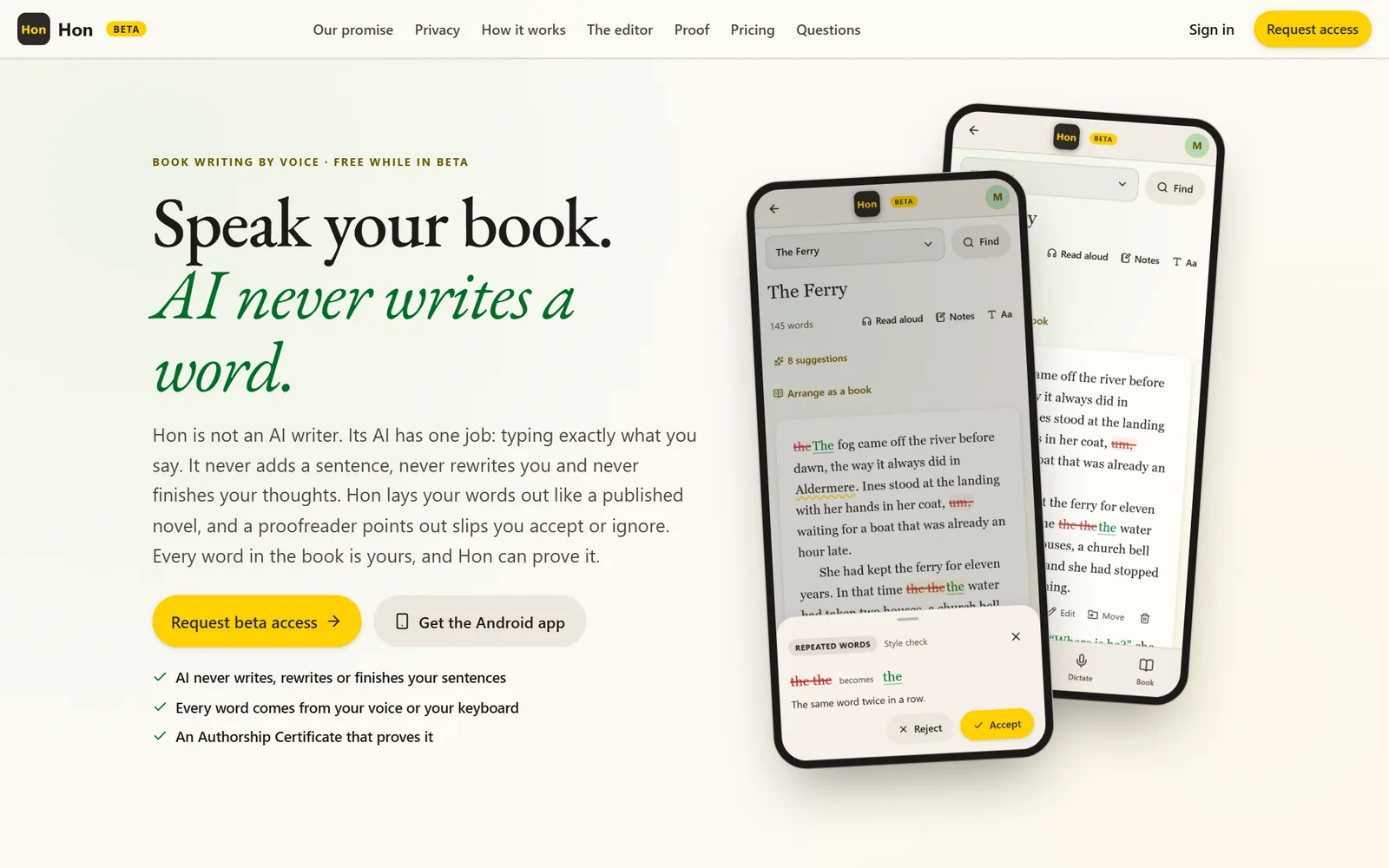 Hon's website: Speak your book. AI never writes a word. Two phones show a chapter with suggested fixes.