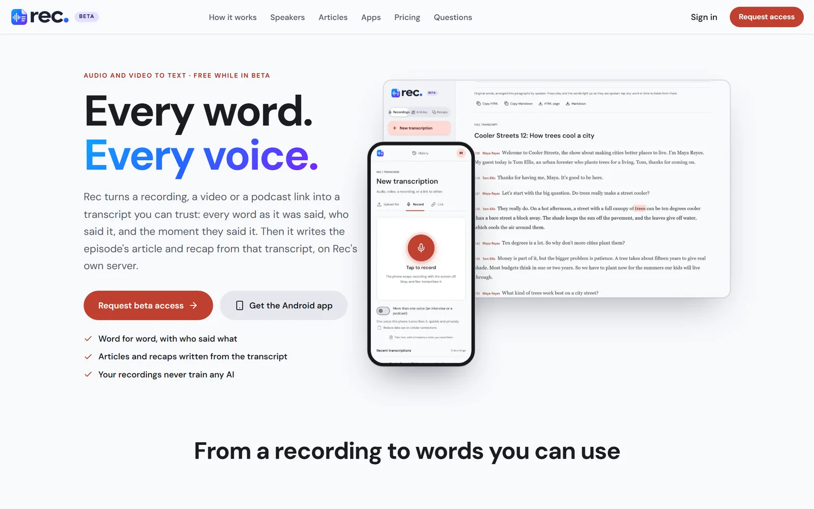 Rec's website: Every word. Every voice. A transcript with speaker names next to a phone recording screen.